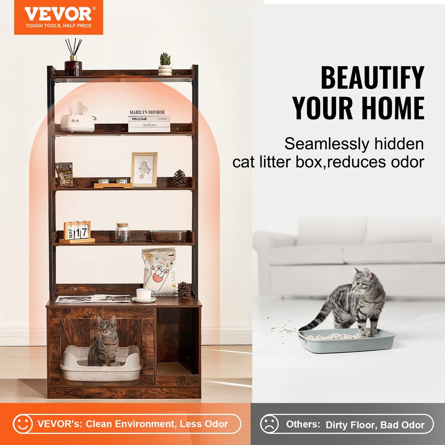 VEVOR Cat Litter Box Enclosure Wooden Litter Box Furniture Hidden with 4 Shelves Pet Care > Cat Supplies > Cat Litter Woofy and Whiskers