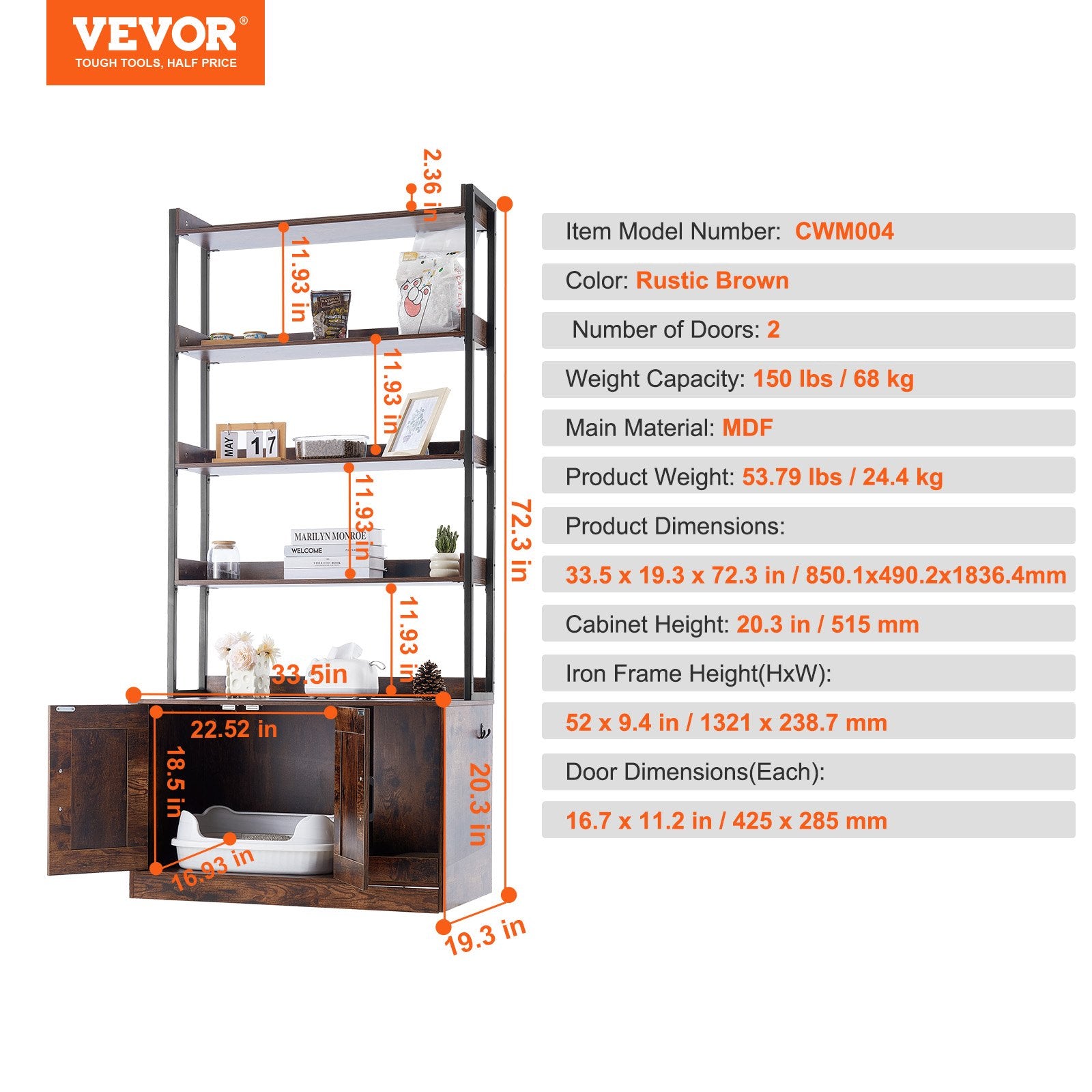 VEVOR Cat Litter Box Enclosure Wooden Litter Box Furniture Hidden with 4 Shelves Pet Care > Cat Supplies > Cat Litter Woofy and Whiskers