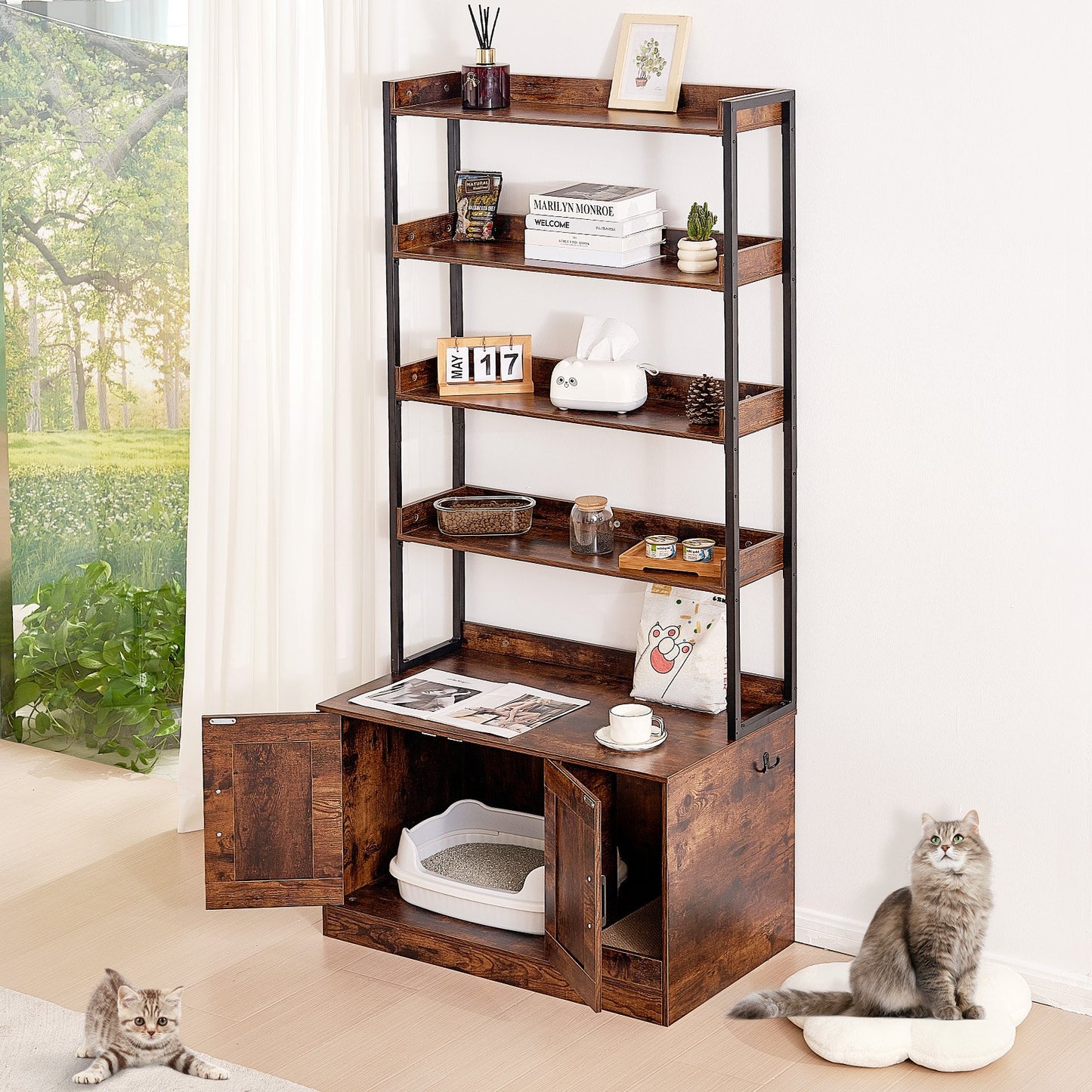 VEVOR Cat Litter Box Enclosure Wooden Litter Box Furniture Hidden with 4 Shelves Pet Care > Cat Supplies > Cat Litter Woofy and Whiskers