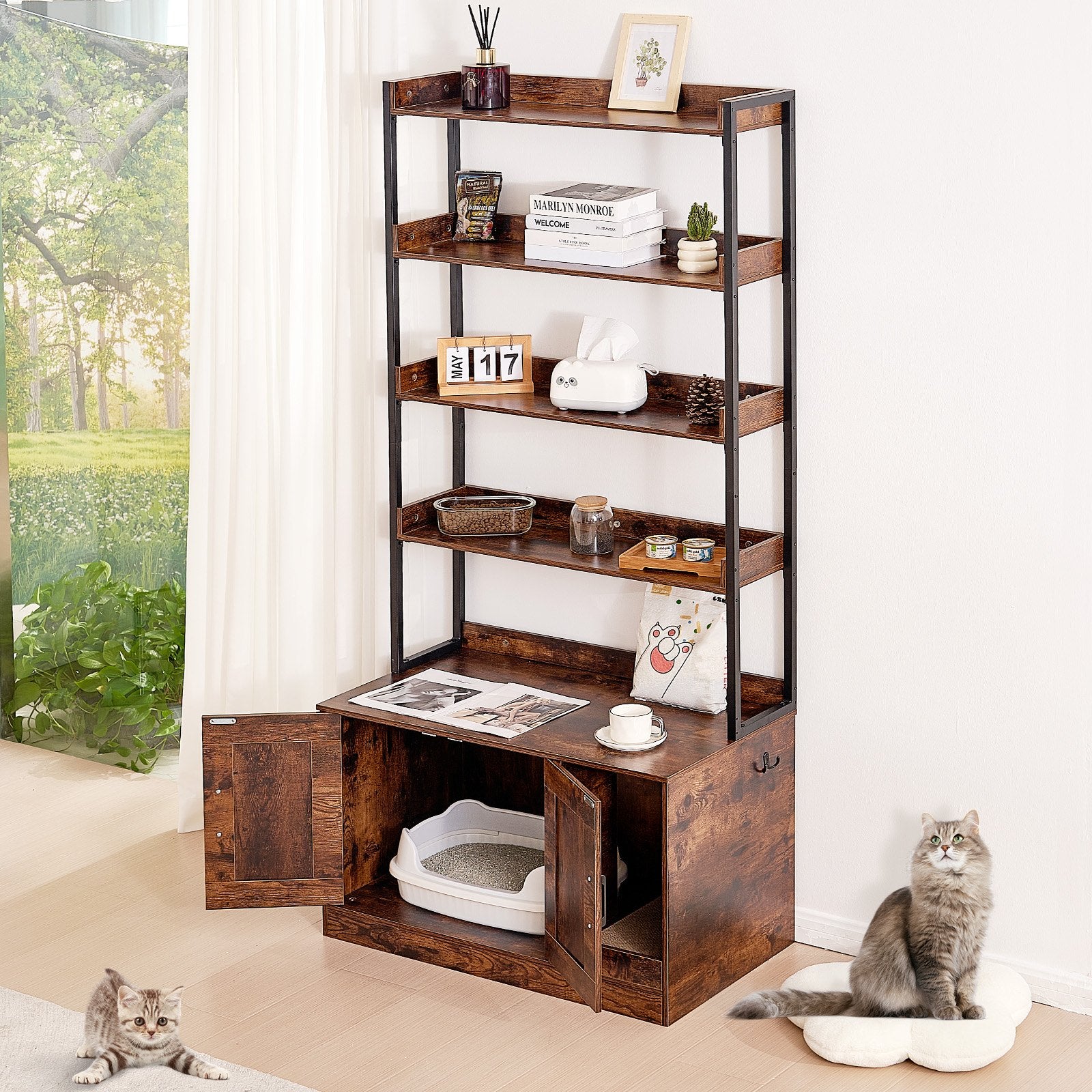 VEVOR Cat Litter Box Enclosure Wooden Litter Box Furniture Hidden with 4 Shelves Pet Care > Cat Supplies > Cat Litter Woofy and Whiskers
