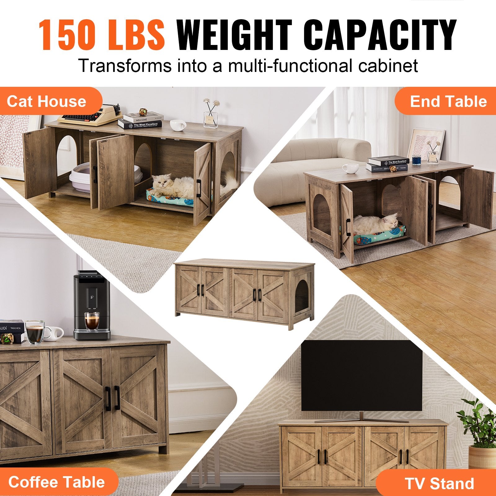 VEVOR Cat Litter Box Enclosure Wooden Litter Box Furniture Hidden 2 Rooms Greige Pet Care > Cat Supplies > Cat Litter Woofy and Whiskers