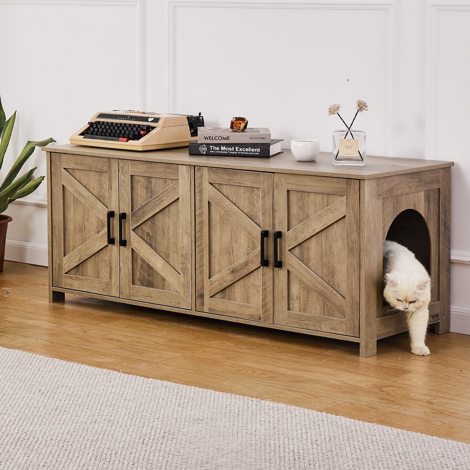 VEVOR Cat Litter Box Enclosure Wooden Litter Box Furniture Hidden 2 Rooms Greige Pet Care > Cat Supplies > Cat Litter Woofy and Whiskers