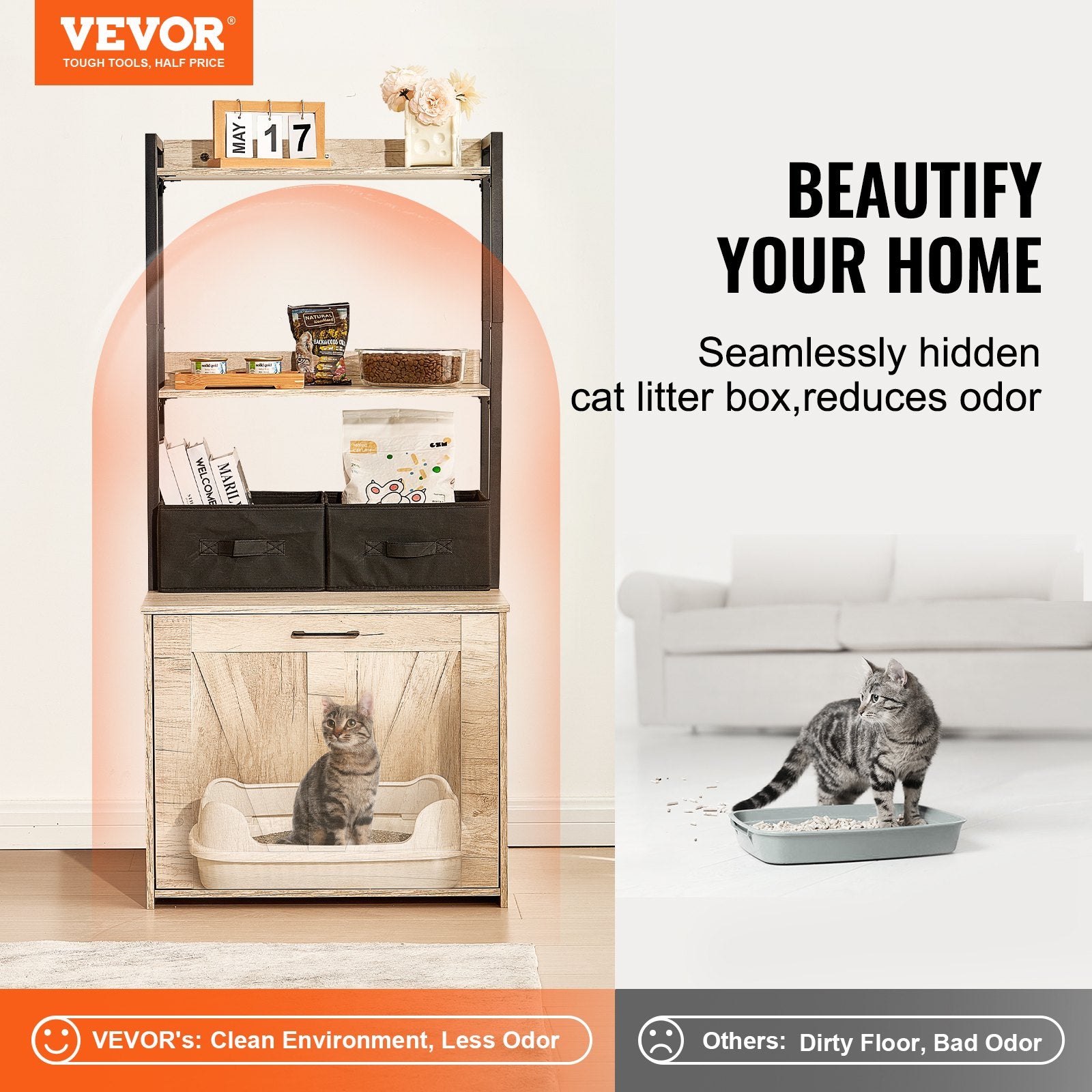 VEVOR Cat Litter Box Enclosure Litter Box Furniture Hidden 2 Shelves & 2 Baskets Pet Care > Cat Supplies > Cat Litter Woofy and Whiskers