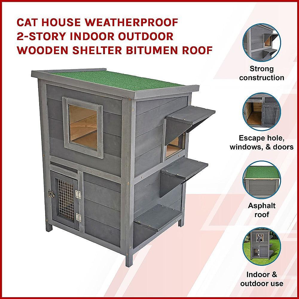 Cat House Weatherproof 2 - Story Indoor Outdoor Wooden Shelter Bitumen RoofBitumen Roof Cat ShelterCat suppliesWoofy and Whiskers