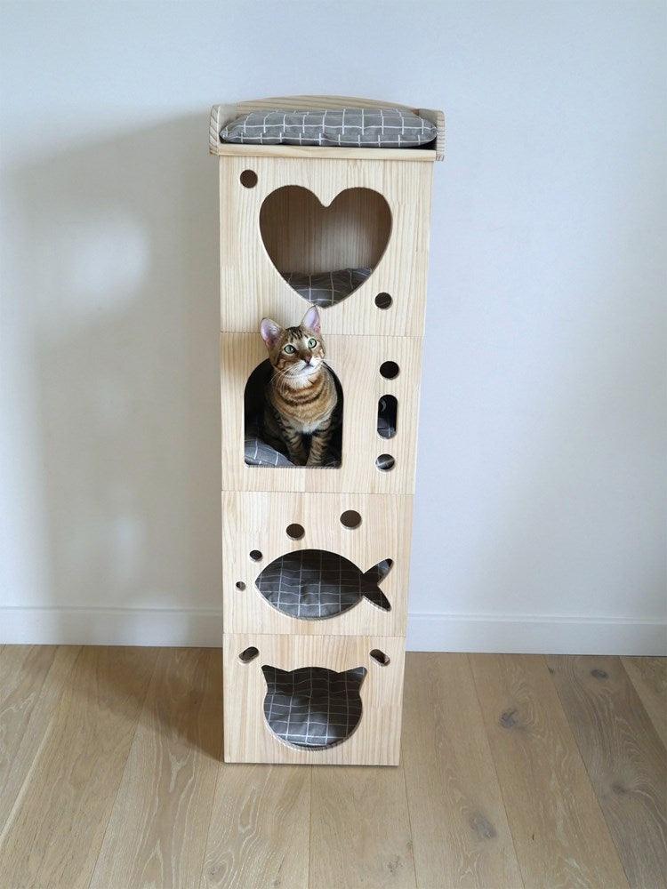 Rosewood Catwalk Collection Solid Wood Cat Sleeper Caves front view woofy and whiskers.