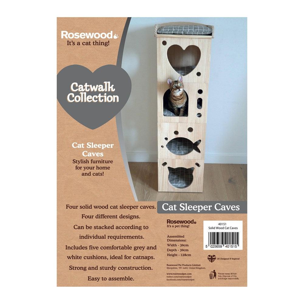 Rosewood Catwalk Collection Solid Wood Cat Sleeper Caves shown in box woofy and whiskers.