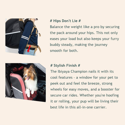 Ibiyaya Champion 3-in-1 Carrier, Backpack & Car Seat for Dogs up to 12kg Pet Carrier Ibiyaya