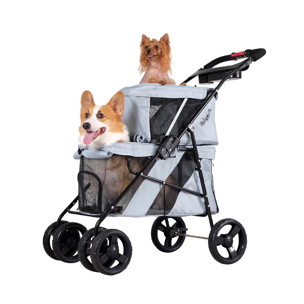 Ibiyaya Double Decker Pet Stroller for Multiple Pets - Silver Gray4 Wheel Pet StrollersCat Stroller CarrierWoofy and Whiskers