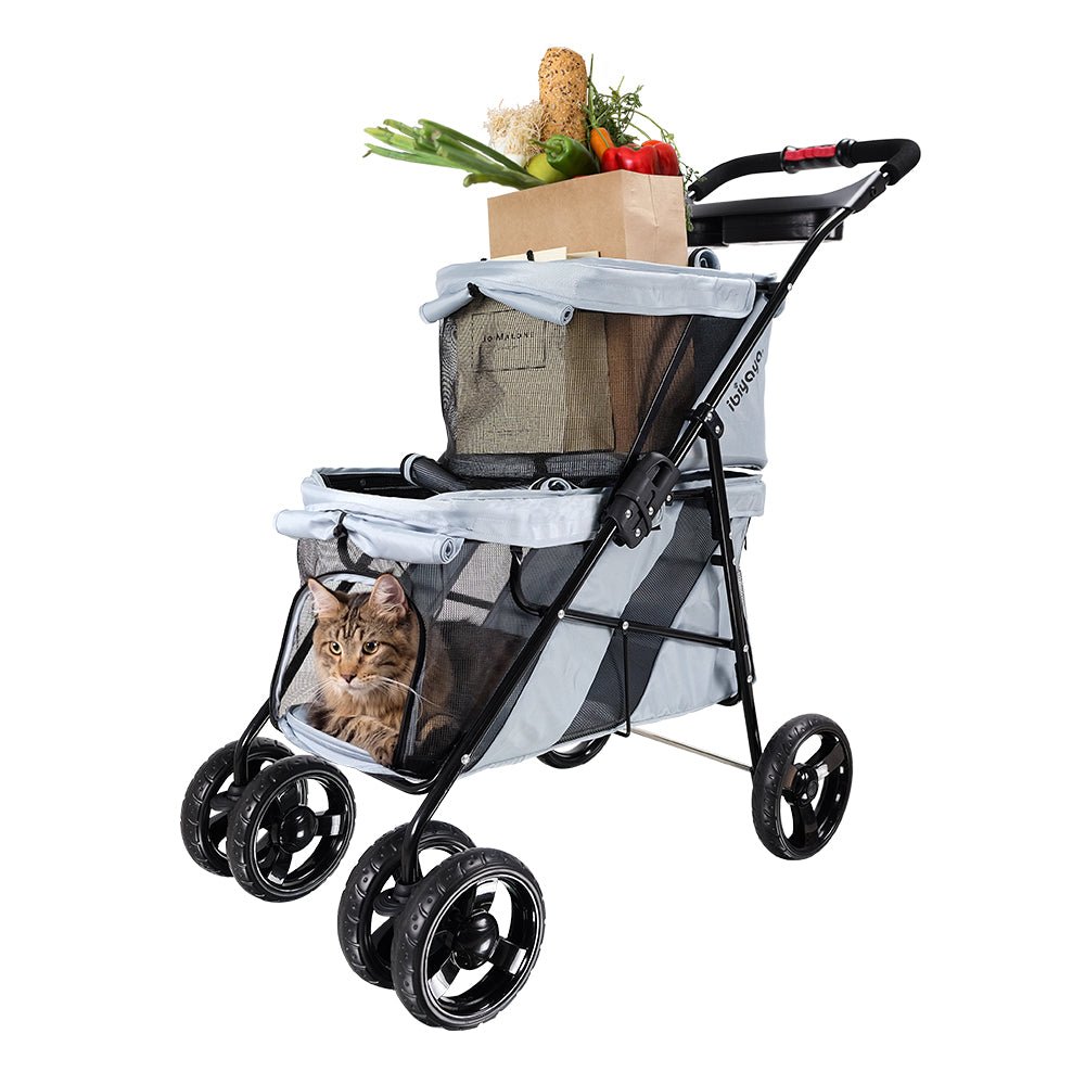 Ibiyaya Double Decker Pet Stroller for Multiple Pets - Silver Gray4 Wheel Pet StrollersCat Stroller CarrierWoofy and Whiskers