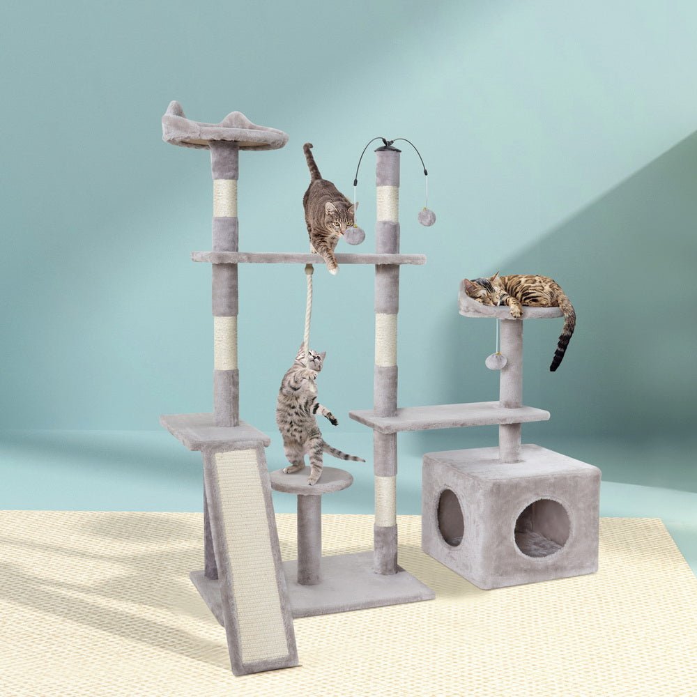 i.Pet Cat Tree 135cm Tower Scratching Post Scratcher Wood Condo House Toys GreyWoofy and Whiskers