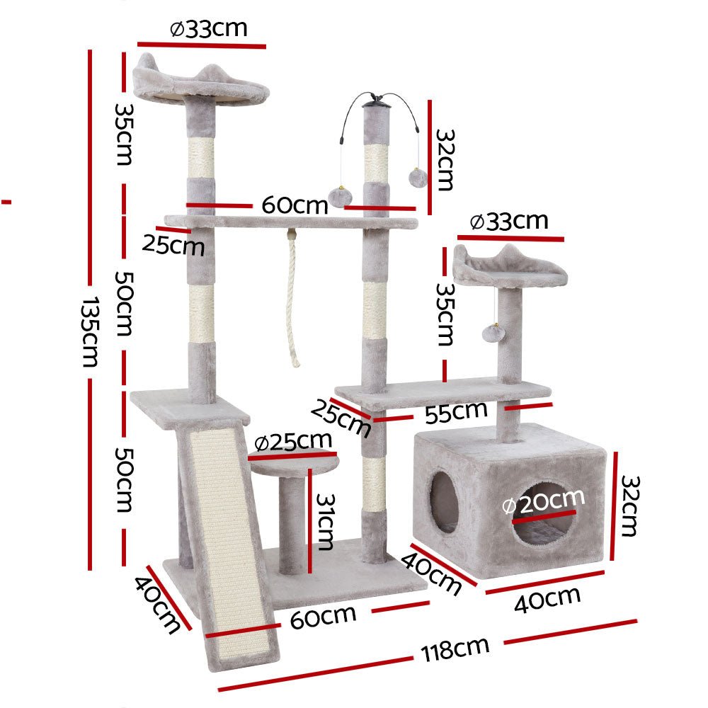 i.Pet Cat Tree 135cm Tower Scratching Post Scratcher Wood Condo House Toys GreyWoofy and Whiskers