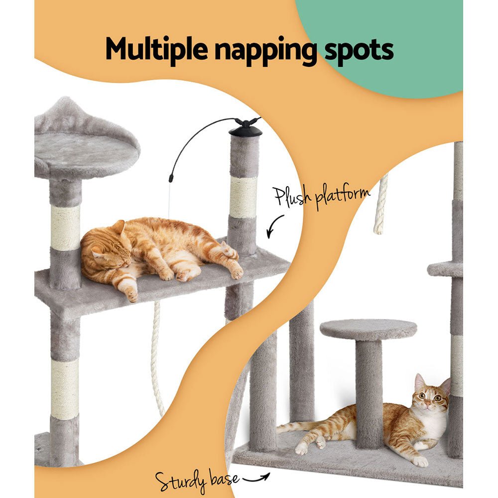 i.Pet Cat Tree 135cm Tower Scratching Post Scratcher Wood Condo House Toys GreyWoofy and Whiskers