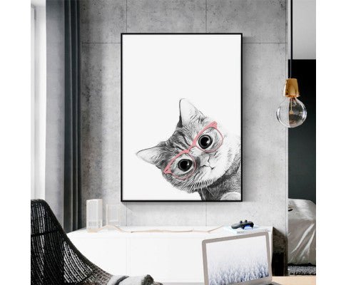 Wall Art 90cmx135cm Cat With Glasses Black Frame Canvas cat artwork Woofy and Whiskers