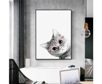 Wall Art 90cmx135cm Cat With Glasses Black Frame Canvas cat artwork Woofy and Whiskers