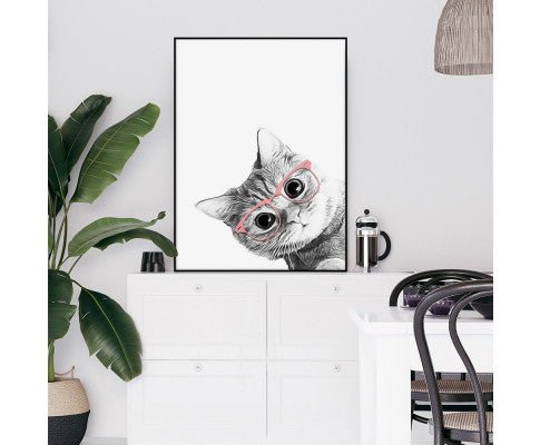 Wall Art 90cmx135cm Cat With Glasses Black Frame Canvas cat artwork Woofy and Whiskers