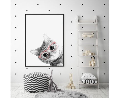 Wall Art 90cmx135cm Cat With Glasses Black Frame Canvas cat artwork Woofy and Whiskers