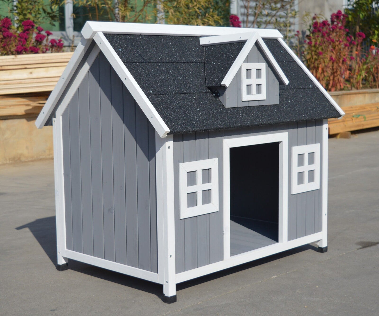 YES4PETS Grey Large Timber Pet Dog Puppy Wooden Cabin Kennel Timber HouseWoofy and Whiskers