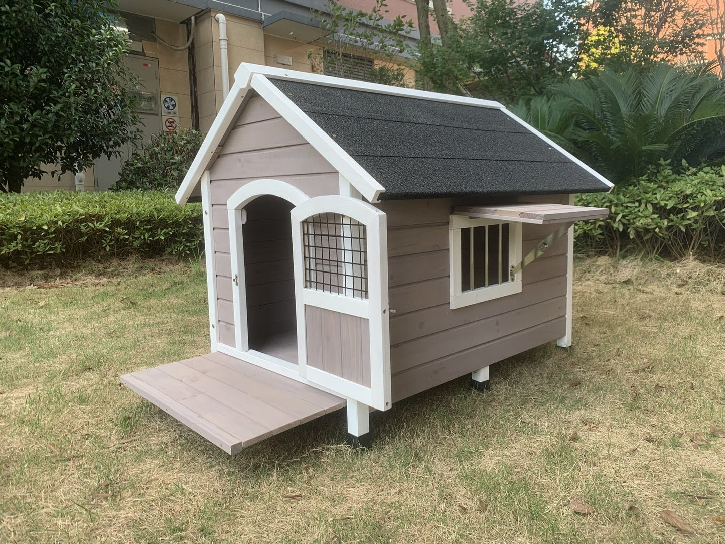 YES4PETS L Timber Pet Dog Kennel House Puppy Wooden Timber Cabin GreyWoofy and Whiskers