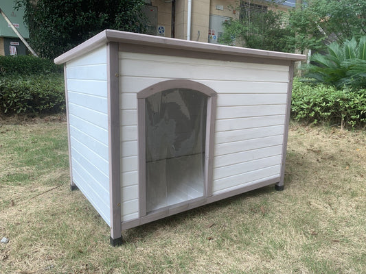 YES4PETS L Timber Pet Dog Kennel House Puppy Wooden Timber Cabin With Stripe WhiteWoofy and Whiskers