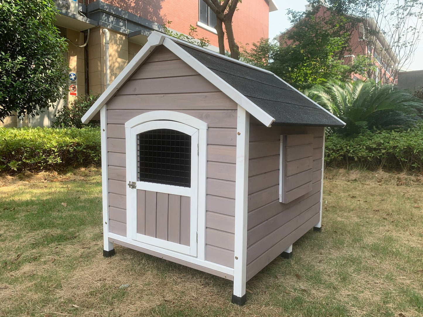 YES4PETS XL Timber Pet Dog Kennel House Puppy Wooden Timber Cabin With Door GreyWoofy and Whiskers